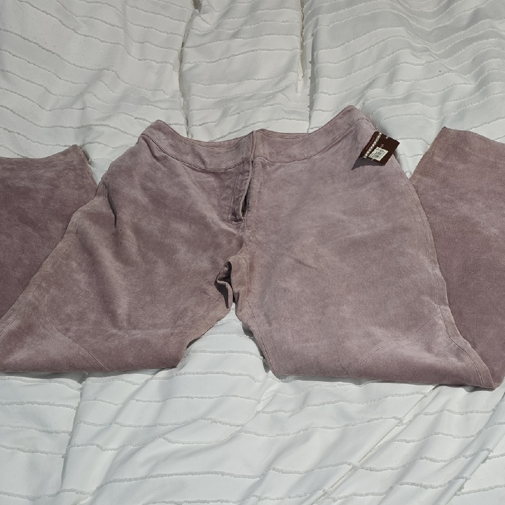 NWT Vintage Bandolino Vienna Suede Leather Wide Leg Pants In Sugarplum, Size 12